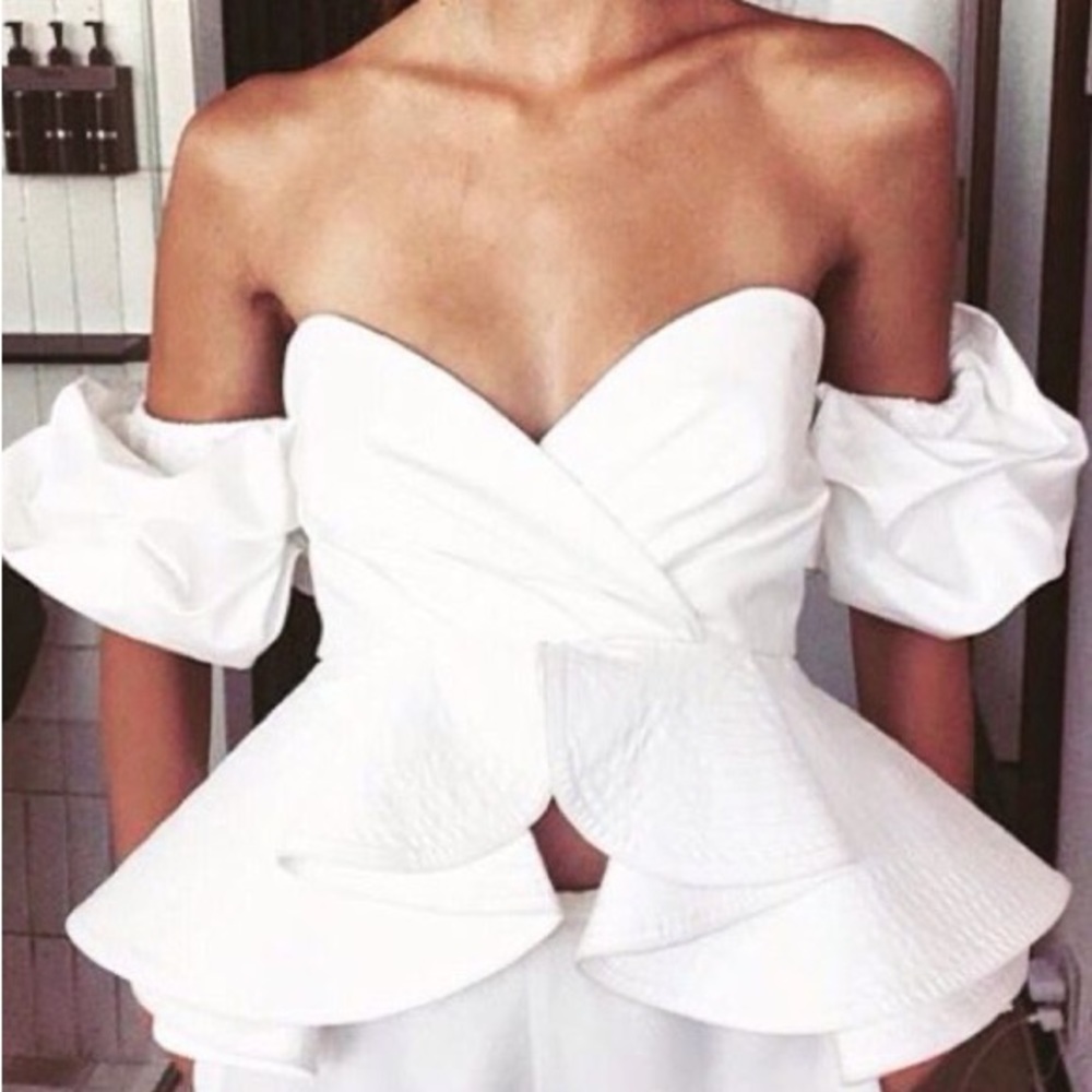 Johanna Ortiz sweetheart peplum off the shoulder white crop top